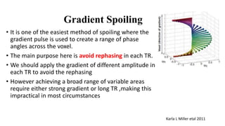 Gradient Spoiling
• It is one of the easiest method of spoiling where the
gradient pulse is used to create a range of phase
angles across the voxel.
• The main purpose here is avoid rephasing in each TR.
• We should apply the gradient of different amplitude in
each TR to avoid the rephasing
• However achieving a broad range of variable areas
require either strong gradient or long TR ,making this
impractical in most circumstances
Karla L Miller etal 2011
 