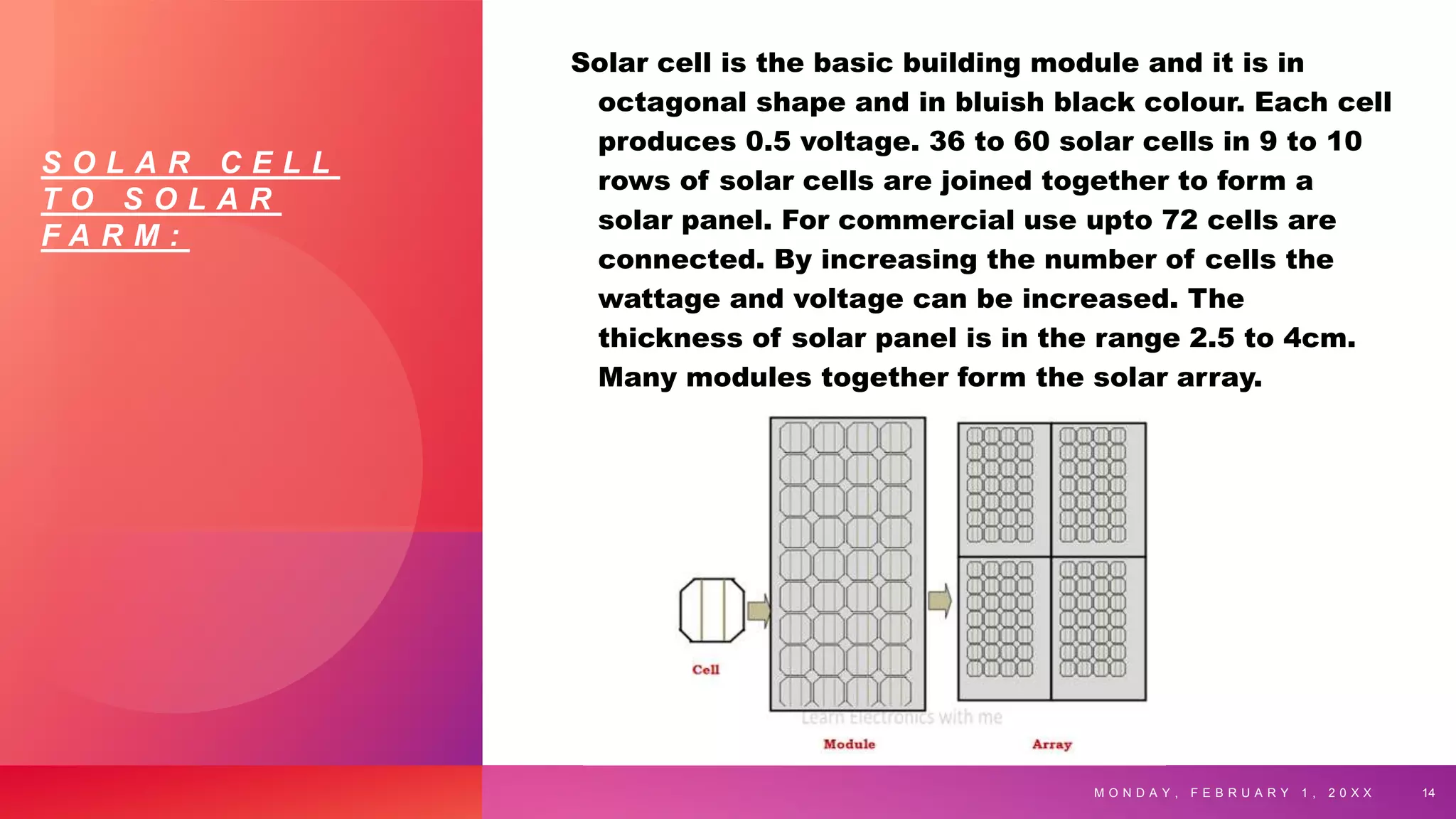 S O L A R C E L L
T O S O L A R
F A R M :
Solar cell is the basic building module and it is in
octagonal shape and in bluish black colour. Each cell
produces 0.5 voltage. 36 to 60 solar cells in 9 to 10
rows of solar cells are joined together to form a
solar panel. For commercial use upto 72 cells are
connected. By increasing the number of cells the
wattage and voltage can be increased. The
thickness of solar panel is in the range 2.5 to 4cm.
Many modules together form the solar array.
M O N D A Y , F E B R U A R Y 1 , 2 0 X X 14
 