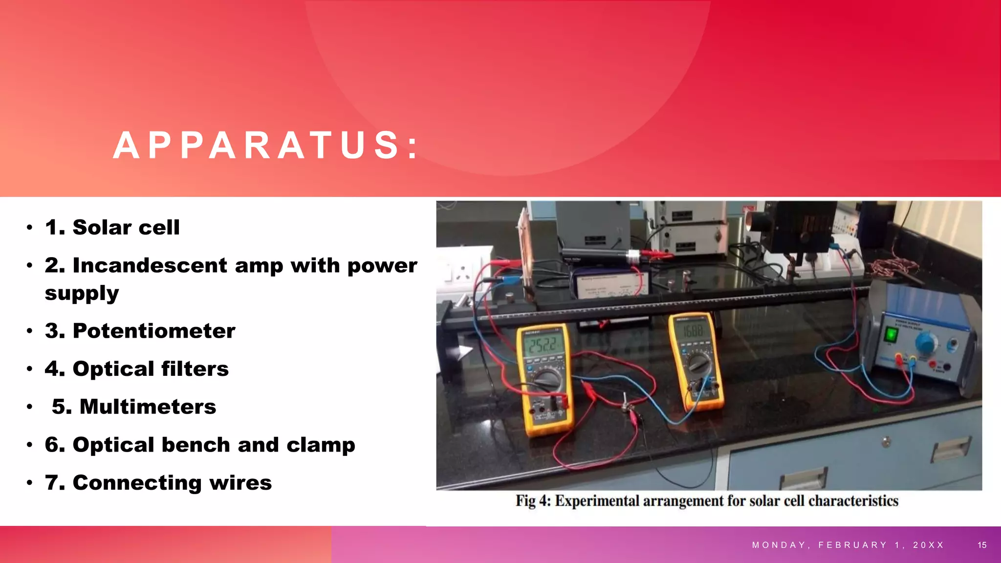 A P PA R AT U S :
• 1. Solar cell
• 2. Incandescent amp with power
supply
• 3. Potentiometer
• 4. Optical filters
• 5. Multimeters
• 6. Optical bench and clamp
• 7. Connecting wires
M O N D A Y , F E B R U A R Y 1 , 2 0 X X 15
 