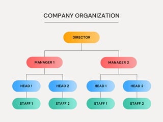 MANAGER 1
DIRECTOR
MANAGER 2
COMPANY ORGANIZATION
STAFF 2
HEAD 2
STAFF 1
HEAD 1
STAFF 2
HEAD 2
STAFF 1
HEAD 1
 