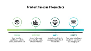 Gradient Timeline Infographics
VENUS
Planet Venus has a
beautiful name and is the
second planet from the Sun
JUPITER
Planet Jupiter is the biggest
object in the Solar System
and also a gas giant
MERCURY
Mercury is the closest
planet to the Sun and the
smallest of them all
MARS
Despite being red, Mars is
actually a cold place full of
iron oxide dust
 