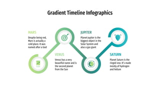 Gradient Timeline Infographics
Despite being red,
Mars is actually a
cold place. It was
named after a God
MARS
Venus has a very
beautiful name and is
the second planet
from the Sun
VENUS
Planet Jupiter is the
biggest object in the
Solar System and
also a gas giant
JUPITER
Planet Saturn is the
ringed one. It’s made
mostly of hydrogen
and helium
SATURN
 