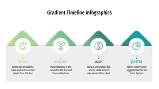 Gradient Timeline Infographics
VENUS
Venus has a beautiful
name and is the second
planet from the Sun
MERCURY
Planet Mercury is the
closest to the Sun and
the smallest one
JUPITER
Planet Jupiter is the
biggest object in the
Solar System
MARS
Mars is a cold place full
of iron oxide dust. It
was named after a God
 