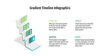 Gradient Timeline Infographics
MARS
JUPITER
VENUS
Planet Venus has a beautiful
name and is the second
planet from the Sun in the
Solar System
Planet Jupiter is the biggest
object in the Solar System and
also a gas giant. It has many
satellites around
Despite being red, planet Mars
is a very cold place. It is full of
iron oxide dust. It was named
after a God
MERCURY
Mercury is the closest planet
to the Sun and the smallest
one. It was named after a
Roman deity
 