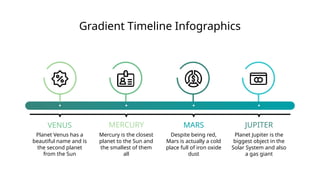 Gradient Timeline Infographics
VENUS
Planet Venus has a
beautiful name and is
the second planet
from the Sun
JUPITER
Planet Jupiter is the
biggest object in the
Solar System and also
a gas giant
MERCURY
Mercury is the closest
planet to the Sun and
the smallest of them
all
MARS
Despite being red,
Mars is actually a cold
place full of iron oxide
dust
 