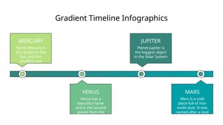 Gradient Timeline Infographics
VENUS
Venus has a
beautiful name
and is the second
planet from the
Sun
MERCURY
Planet Mercury is
the closest to the
Sun and the
smallest one
MARS
Mars is a cold
place full of iron
oxide dust. It was
named after a God
JUPITER
Planet Jupiter is
the biggest object
in the Solar System
 