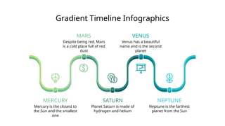 Gradient Timeline Infographics
MARS
Despite being red, Mars
is a cold place full of red
dust
VENUS
Venus has a beautiful
name and is the second
planet
NEPTUNE
Neptune is the farthest
planet from the Sun
SATURN
Planet Saturn is made of
hydrogen and helium
MERCURY
Mercury is the closest to
the Sun and the smallest
one
 