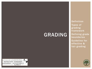 Definition
Types of
grading
framework
Defining grade
boundaries
Guideline for
effective &
fair grading
GRADING
 