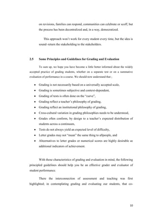on revisions, families can respond, communities can celebrate or scoff, but
       the process has been decentralized and, in a way, democratized.

           This approach won’t work for every student every time, but the idea is
       sound–return the stakeholding to the stakeholders.



2.5    Some Principles and Guidelines for Grading and Evaluation

       To sum up, we hope you have become a little better informed about the widely
accepted practice of grading students, whether on a separate test or on a summative
evaluation of performance in a course. We should now understand that ;

       Grading is not necessarily based on a universally accepted scale,
       Grading is sometimes subjective and context-dependent,
       Grading of tests is often done on the ―curve‖,
       Grading reflect a teacher’s philosophy of grading,
       Grading reflect an institutional philosophy of grading,
       Cross-cultural variation in grading philosophies needs to be understood,
       Grades often conform, by design to a teacher’s expected distribution of
       students across a continuum,
       Tests do not always yield an expected level of difficulty,
       Letter grades may not ―mean‖ the same thing to allpeople, and
       Alteernatives to letter grades or numerical scores are highly desirable as
       additional indicators of achievement.



       With those characteristics of grading and evaluation in mind, the following
principled guidelines should help you be an effective grader and evaluator of
student performance.

       There the interconnection of assessment and teaching was first
highlighted; in contemplating grading and evaluating our students, that co-




                                                                                  10
 