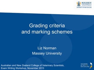 Grading criteria
and marking schemes
Liz Norman
Massey University

Australian and New Zealand College of Veterinary Scientists,
Exam Writing Workshop, November 2013

 
