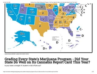 3/1/22, 6:32 AM Grading Every State's Marijuana Program - Did Your State Do Well on Its Cannabis Report Card This Year?
https://cannabis.net/blog/news/grading-every-states-marijuana-program-did-your-state-do-well-on-its-cannabis-report-card-this 2/13
MARIJUANA REPORT CARDS FOR EVERY STATE
Grading Every State's Marijuana Program - Did Your
State Do Well on Its Cannabis Report Card This Year?
Is your state a straight 'A' student or did it flunk out?
 