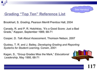 See Handout

Grading “Top Ten” Reference List

Brookhart, S. Grading, Pearson Merrill Prentice Hall, 2004

Canady, R. and P. R. Hotchkiss, “It’s a Good Score: Just a Bad
Grade,” Kappan, September 1989, 68-71

Cooper, D. Talk About Assessment, Thomson Nelson, 2007

Guskey, T. R. and J. Bailey, Developing Grading and Reporting
Systems for Student Learning, Corwin, 2001

Kagan, S., “Group Grades Miss the Mark,” Educational
Leadership, May 1995, 68-71


                                                                      117
 