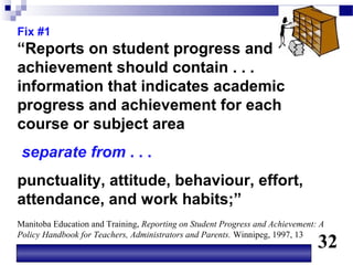 Fix #1
“Reports on student progress and
achievement should contain . . .
information that indicates academic
progress and achievement for each
course or subject area
 separate from . . .
punctuality, attitude, behaviour, effort,
attendance, and work habits;”
Manitoba Education and Training, Reporting on Student Progress and Achievement: A
Policy Handbook for Teachers, Administrators and Parents. Winnipeg, 1997, 13
                                                                               32
 
