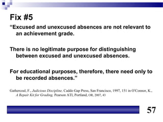 Fix #5
“Excused and unexcused absences are not relevant to
  an achievement grade.

There is no legitimate purpose for distinguishing
  between excused and unexcused absences.

For educational purposes, therefore, there need only to
  be recorded absences.”

Gathercoal, F., Judicious Discipline, Caddo Gap Press, San Francisco, 1997, 151 in O’Connor, K.,
   A Repair Kit for Grading, Pearson ATI, Portland, OR, 2007, 43



                                                                                            57
 
