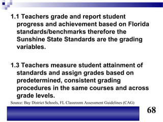 1.1 Teachers grade and report student
  progress and achievement based on Florida
  standards/benchmarks therefore the
  Sunshine State Standards are the grading
  variables.

1.3 Teachers measure student attainment of
  standards and assign grades based on
  predetermined, consistent grading
  procedures in the same courses and across
  grade levels.
Source: Bay District Schools, FL Classroom Assessment Guidelines (CAG)

                                                                         68
 