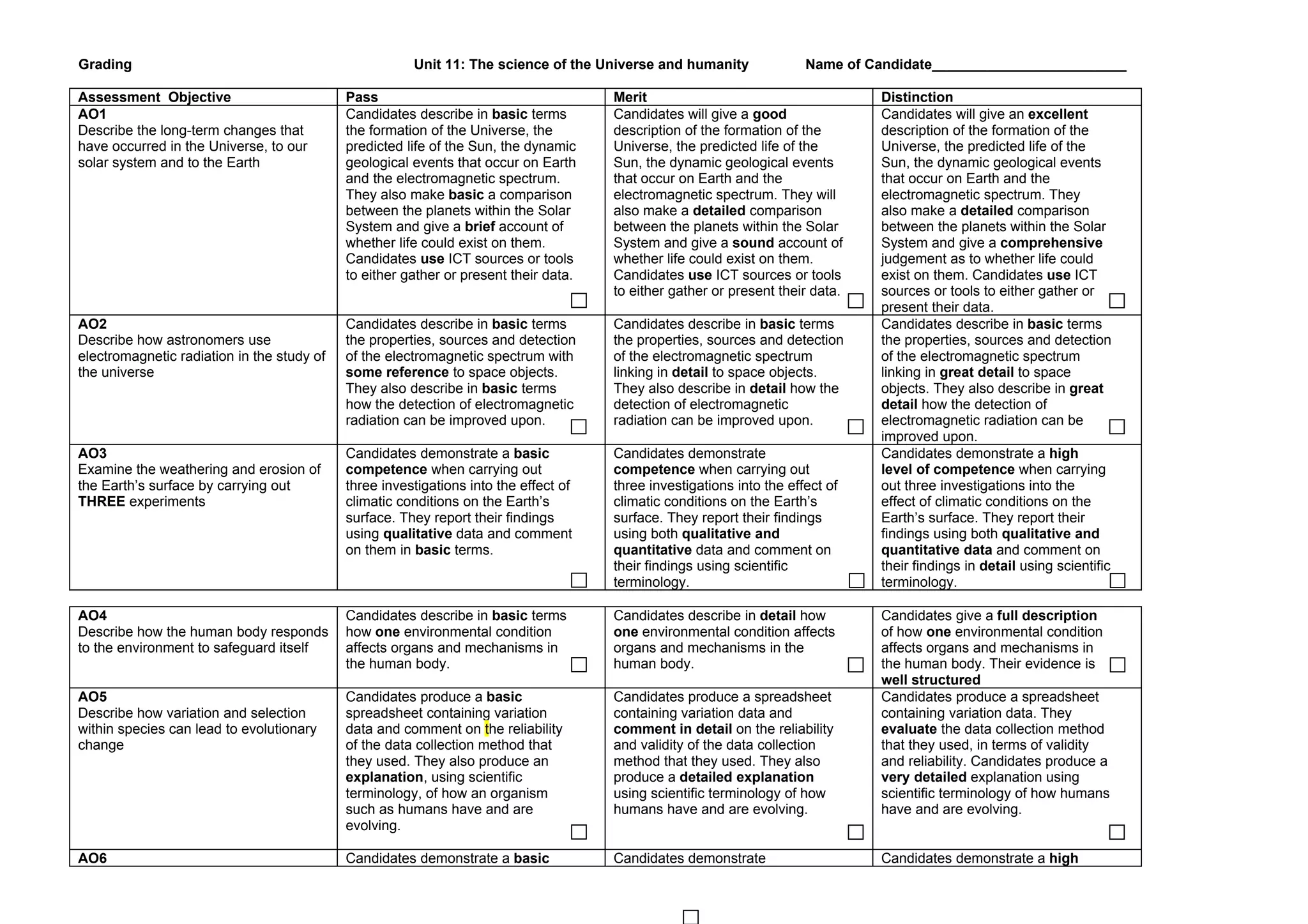 Unit 11 OCR grading sheet PPT