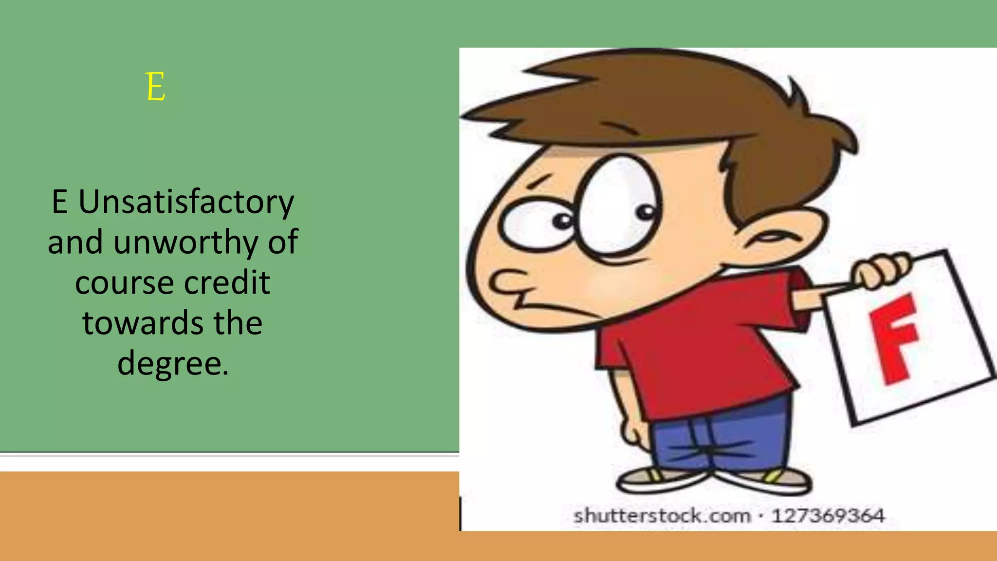 E Unsatisfactory
and unworthy of
course credit
towards the
degree.
E
 