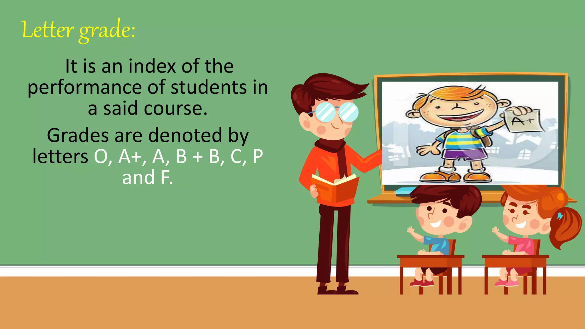 It is an index of the
performance of students in
a said course.
Grades are denoted by
letters O, A+, A, B + B, C, P
and F.
Letter grade:
 