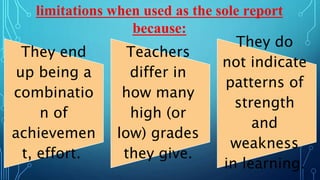 They end
up being a
combinatio
n of
achievemen
t, effort.
Teachers
differ in
how many
high (or
low) grades
they give.
They do
not indicate
patterns of
strength
and
weakness
in learning.
limitations when used as the sole report
because:
 
