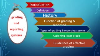 Introduction
Definition
History
Function of grading &
reporting
Types of grading & reporting system
Assigning letter grade
Guidelines of effective
grading
grading
and
reporting
systems
 