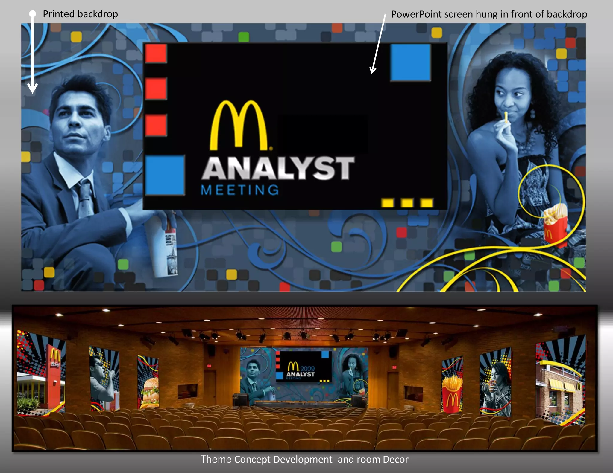 Printed backdrop                                 PowerPoint screen hung in front of backdrop




                   Concept Development and room Decor
 