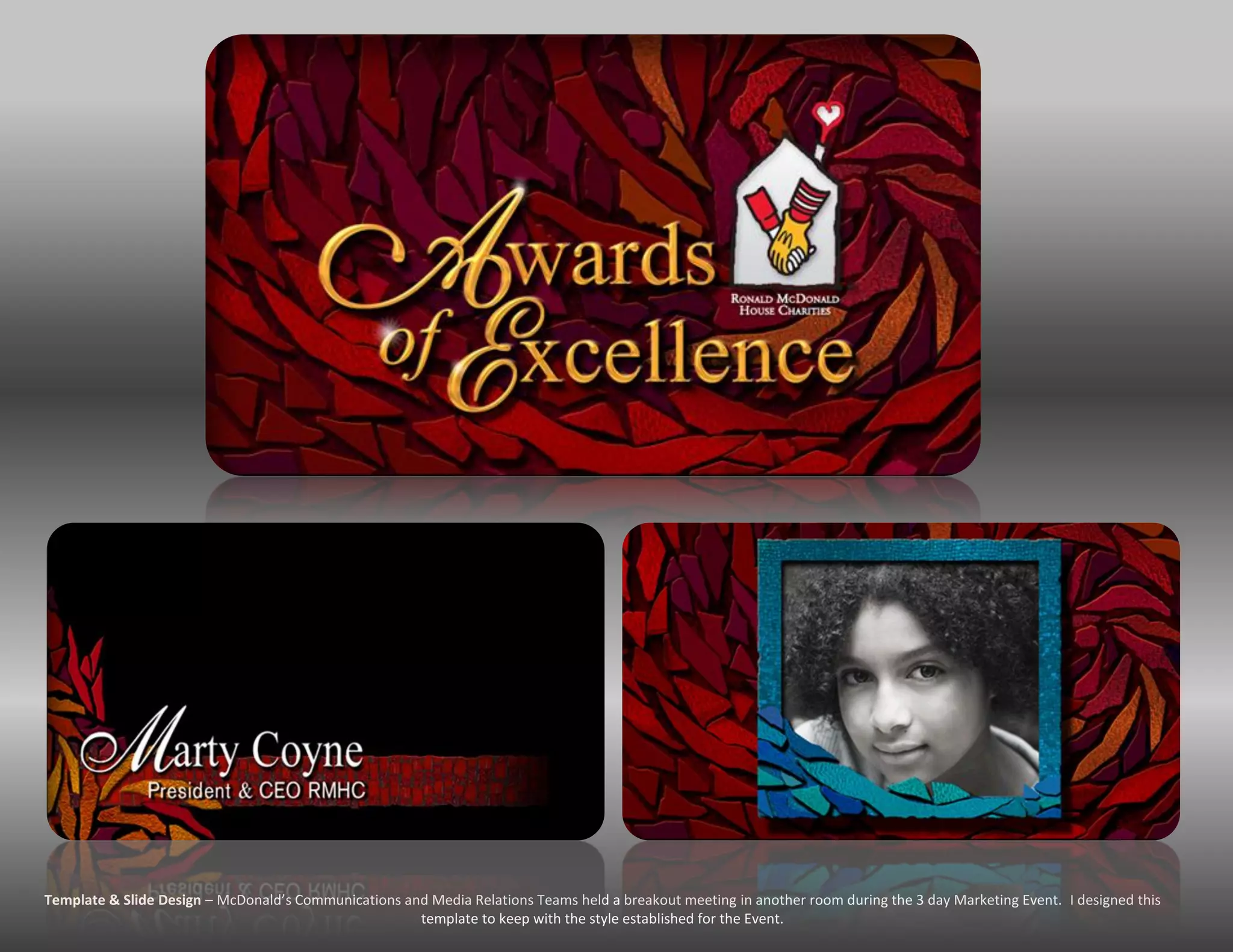 Template & Slide Design – McDonald’s Communications and Media Relations Teams held a breakout meeting in another room during the 3 day Marketing Event. I designed this
                                                      template to keep with the style established for the Event.
 