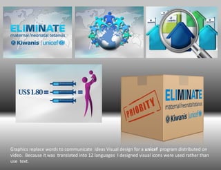Graphics replace words to communicate ideas Visual design for a unicef program distributed on
video. Because it was translated into 12 languages I designed visual icons were used rather than
use text.
 