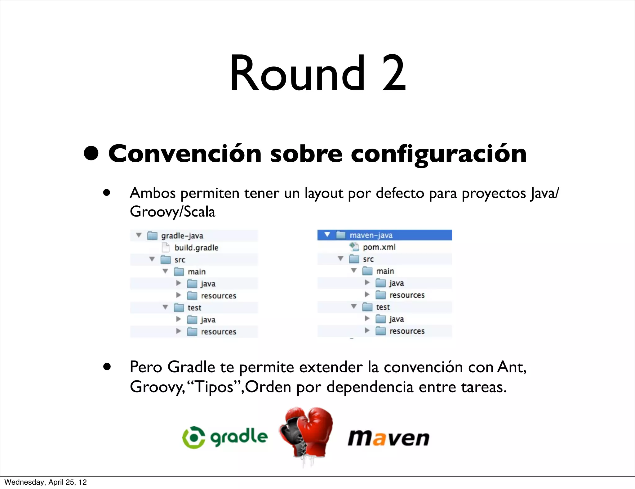 Round 2
                     • Convención sobre conﬁguración
                          •   Ambos permiten tener un layout por defecto para proyectos Java/
                              Groovy/Scala




                          •   Pero Gradle te permite extender la convención con Ant,
                              Groovy, “Tipos”,Orden por dependencia entre tareas.




Wednesday, April 25, 12
 