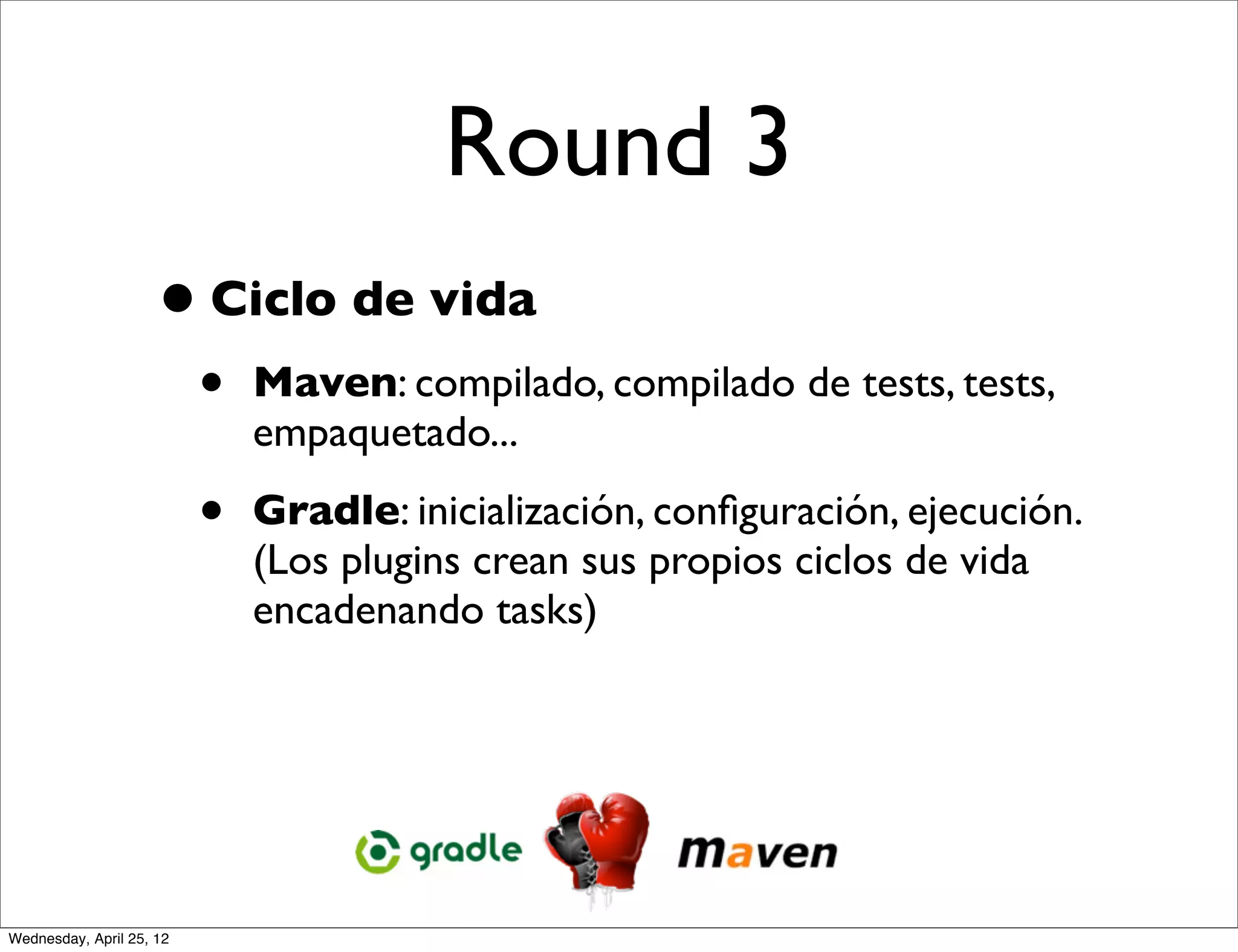 Round 3
                     • Ciclo de vida
                          •   Maven: compilado, compilado de tests, tests,
                              empaquetado...

                          •   Gradle: inicialización, conﬁguración, ejecución.
                              (Los plugins crean sus propios ciclos de vida
                              encadenando tasks)




Wednesday, April 25, 12
 