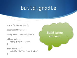build.gradle	


env = System.getenv()	

dependsOnChildren()	

apply from: ‘shared.gradle'	

allprojects { 
   apply plugin: 'java' 
}	

task hello << { 
   println ‘hello from Gradle‘ 
}	
 