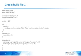 Gradle build file 1
apply plugin: 'java'
apply plugin: 'eclipse‘

sourceCompatibility = '1.7'
targetCompatibility = '1.7'

version = '1.0'

jar {
  manifest {
      attributes 'Implementation-Title': ‘Title’, 'Implementation-Version': version
  }
}
repositories {
  mavenCentral()
}

dependencies {
  compile group: 'org.slf4j', name: 'slf4j-log4j12', version: '1.7.2'
  testCompile group: 'junit', name: 'junit', version: '4.10'
}
…
}


     6
 