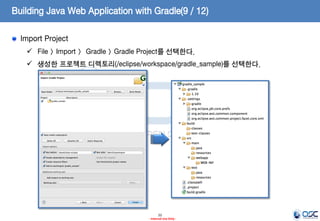 Building Java Web Application with Gradle(9 / 12)
Import Project
 File > Import > Gradle > Gradle Project를 선택한다.

 생성한 프로젝트 디렉토리(/eclipse/workspace/gradle_sample)를 선택한다.

22
- Internal Use Only -

 