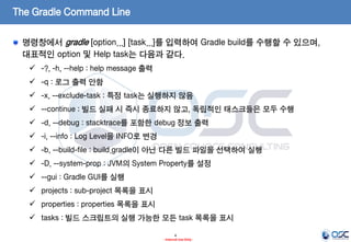 The Gradle Command Line
명령창에서 gradle [option...] [task...]를 입력하여 Gradle build를 수행할 수 있으며,
대표적인 option 및 Help task는 다음과 같다.
 -?, -h, --help : help message 출력
 -q : 로그 출력 안함
 -x, --exclude-task : 특정 task는 실행하지 않음
 --continue : 빌드 실패 시 즉시 종료하지 않고, 독립적인 태스크들은 모두 수행

 -d, --debug : stacktrace를 포함한 debug 정보 출력
 -i, --info : Log Level을 INFO로 변경
 -b, --build-file : build.gradle이 아닌 다른 빌드 파일을 선택하여 실행
 -D, --system-prop : JVM의 System Property를 설정

 --gui : Gradle GUI를 실행
 projects : sub-project 목록을 표시
 properties : properties 목록을 표시
 tasks : 빌드 스크립트의 실행 가능한 모든 task 목록을 표시
4
- Internal Use Only -

 