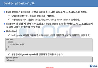 Build Script Basics (1 / 6)
build.gradle는 project와 각각의 task들을 정의한 파일로 빌드 스크립트라 칭한다.
 Gradle build는 하나 이상의 project로 구성된다.

 각 project는 하나 이상의 task로 구성되며, task는 Ant의 target과 유사하다.

gradle 명령 실행 시 현재 디렉토리에서 build.gradle 파일을 탐색하고 빌드 스크립트에
정의한 내용으로 빌드를 수행한다.
Hello World
 build.gradle 파일을 다음과 같이 작성한다. (신규 디렉토리 생성 및 디렉토리 변경 필요)
task hello {
doLast {
println 'Hello world!'
}
}

 명령창에서 gradle -q hello 를 실행하여 결과를 확인한다.
$ gradle -q hello
Hello world!

5
- Internal Use Only -

 