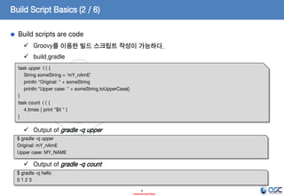 Build Script Basics (2 / 6)
Build scripts are code
 Groovy를 이용한 빌드 스크립트 작성이 가능하다.

 build.gradle
task upper << {
String someString = 'mY_nAmE'
println "Original: " + someString
println "Upper case: " + someString.toUpperCase()
}
task count << {
4.times { print "$it " }
}

 Output of gradle -q upper
$ gradle -q upper
Original: mY_nAmE
Upper case: MY_NAME

 Output of gradle -q count
$ gradle -q hello
0123
6
- Internal Use Only -

 