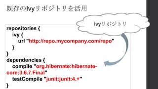 既存のIvyリポジトリを活用
repositories {
ivy {
url "http://repo.mycompany.com/repo"
}
}
dependencies {
compile "org.hibernate:hibernate-
core:3.6.7.Final"
testCompile "junit:junit:4.+"
}
Ivyリポジトリ
 