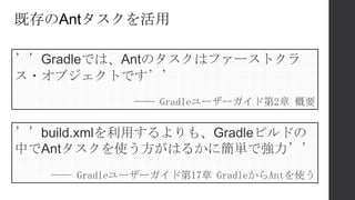 既存のAntタスクを活用
’’build.xmlを利用するよりも、Gradleビルドの
中でAntタスクを使う方がはるかに簡単で強力’’
―― Gradleユーザーガイド第17章 GradleからAntを使う
’’Gradleでは、Antのタスクはファーストクラ
ス・オブジェクトです’’
―― Gradleユーザーガイド第2章 概要
 