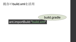 既存のbuild.xmlを活用
ant.importBuild "build.xml"
build.gradle
 