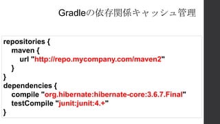 Gradleの依存関係キャッシュ管理
repositories {
maven {
url "http://repo.mycompany.com/maven2"
}
}
dependencies {
compile "org.hibernate:hibernate-core:3.6.7.Final"
testCompile "junit:junit:4.+"
}
 