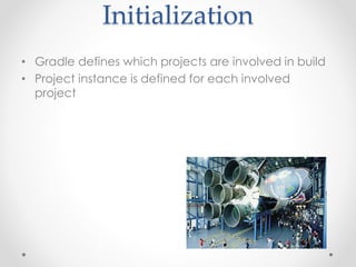 Initialization 
• Gradle defines which projects are involved in build 
• Project instance is defined for each involved 
project 
 