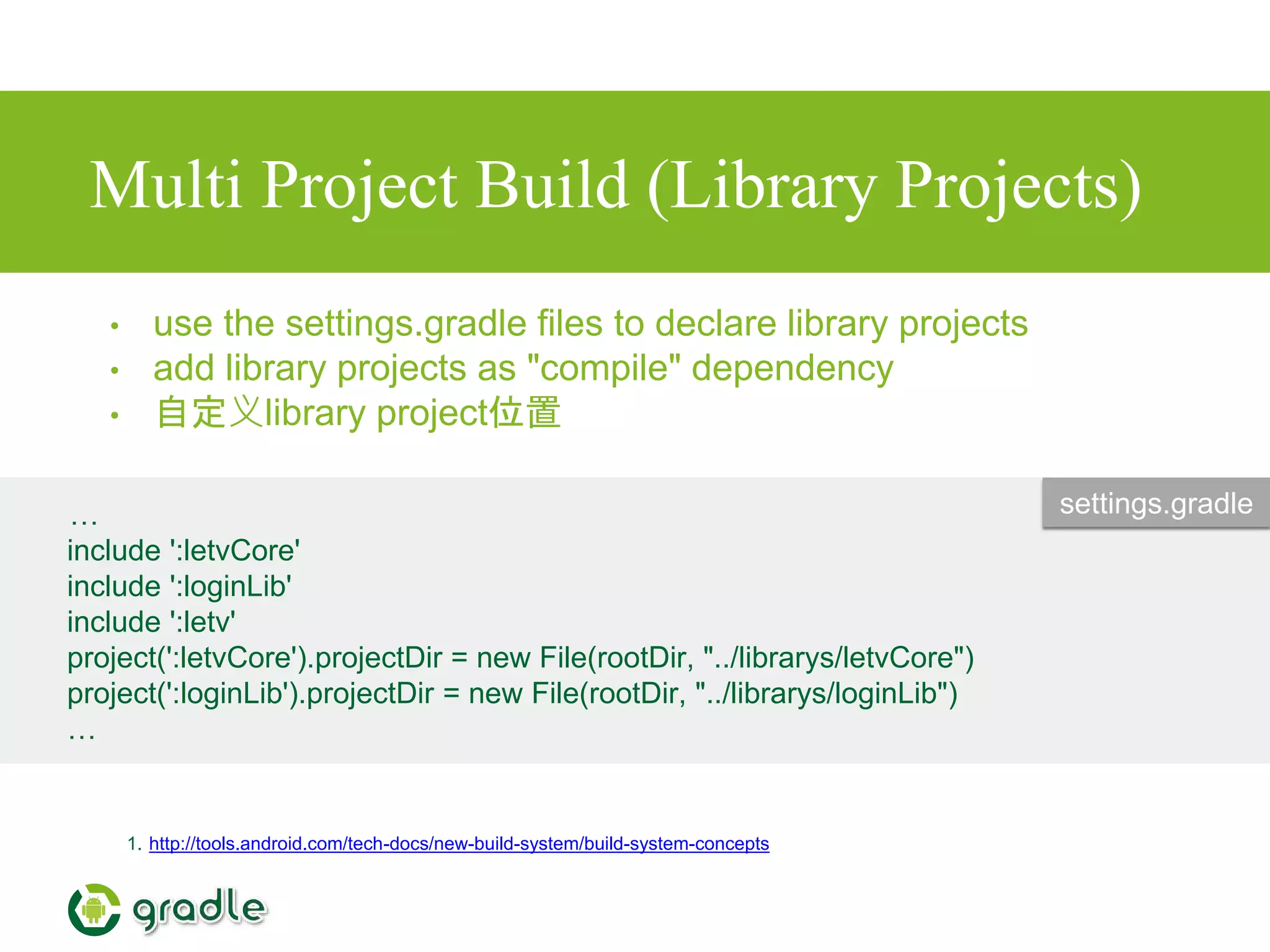 Multi Project Build (Library Projects)
1. http://tools.android.com/tech-docs/new-build-system/build-system-concepts
• use the settings.gradle files to declare library projects
• add library projects as "compile" dependency
• 自定义library project位置
…
include ':letvCore'
include ':loginLib'
include ':letv'
project(':letvCore').projectDir = new File(rootDir, "../librarys/letvCore")
project(':loginLib').projectDir = new File(rootDir, "../librarys/loginLib")
…
settings.gradle
 