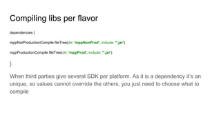 Compiling libs per flavor
dependencies {
mppNotProductionCompile fileTree(dir: 'mppNonProd', include: '*.jar')
mppProductionCompile fileTree(dir: 'mppProd', include: '*.jar')
}
When third parties give several SDK per platform. As it is a dependency it’s an
unique, so values cannot override the others, you just need to choose what to
compile
 