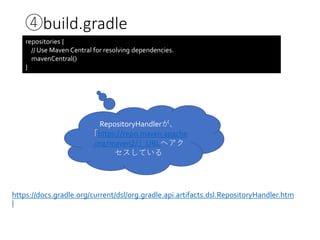 ④build.gradle
repositories {
// Use Maven Central for resolving dependencies.
mavenCentral()
}
https://docs.gradle.org/current/dsl/org.gradle.api.artifacts.dsl.RepositoryHandler.htm
l
RepositoryHandlerが、
「https://repo.maven.apache
.org/maven2/」URLへアク
セスしている
 