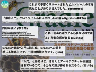 「徹底入門」というタイトルにふさわしい内容 (digitalsoul0124)
http://www.amazon.co.jp/product-reviews/4798136433/ref=dp_db_cm_cr_acr_txt?ie=UTF8&showViewpoints=1
これまで手厚くサポートされたビルドツールの本を
見たことがありませんでした。(grimrose)
http://grimrose.blogspot.jp/2014/12/gradle.html
これ１冊あればググる必要ないのでは
という安心感がある (sue445)
http://booklog.jp/item/1/4798136433
Gradle”徹底”入門に恥じぬ、Gradleへの愛を
感じる徹底ぶりで、一読の価値ありです。(lino)
http://lino.hatenablog.jp/entry/gradleintroduction
「入門」とあるけど、きちんとアーキテクチャから解説
されているので、十分な知識が得られるだろう。(るいも)
http://www.ruimo.com/2015/01/12/1421066460000.html
内容が濃い (木下牛)
http://www.amazon.co.jp/review/
R1UIVFAYX4GEVR/ref=cm_cr_dp_title?
ie=UTF8&ASIN=4798136433&channel=detail-
glance&nodeID=465392&store=books
 