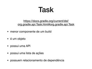 Task
https://docs.gradle.org/current/dsl/
org.gradle.api.Task.html#org.gradle.api.Task

• menor componente de um build

• é um objeto

• possui uma API

• possui uma lista de ações

• possuem relacionamento de dependência
 