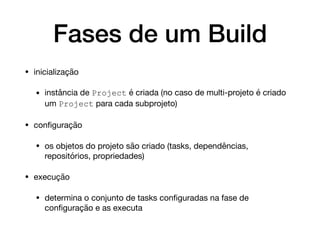 Fases de um Build
• inicialização

• instância de Project é criada (no caso de multi-projeto é criado
um Project para cada subprojeto)

• conﬁguração

• os objetos do projeto são criado (tasks, dependências,
repositórios, propriedades)

• execução

• determina o conjunto de tasks conﬁguradas na fase de
conﬁguração e as executa
 