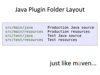 Java Plugin Folder Layout

src/main/java        Production Java source
src/main/resources   Production resources
src/test/java        Test Java source
src/test/resources   Test resources




                      just like maven...
 