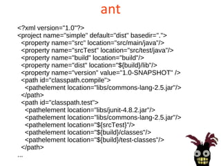 ant
<?xml version="1.0"?>
<project name="simple" default="dist" basedir=".">
  <property name="src" location="src/main/java"/>
  <property name="srcTest" location="src/test/java"/>
  <property name="build" location="build"/>
  <property name="dist" location="${build}/lib"/>
  <property name="version" value="1.0-SNAPSHOT" />
  <path id="classpath.compile">
    <pathelement location="libs/commons-lang-2.5.jar"/>
  </path>
  <path id="classpath.test">
    <pathelement location="libs/junit-4.8.2.jar"/>
    <pathelement location="libs/commons-lang-2.5.jar"/>
    <pathelement location="${srcTest}"/>
    <pathelement location="${build}/classes"/>
    <pathelement location="${build}/test-classes"/>
  </path>
...
 