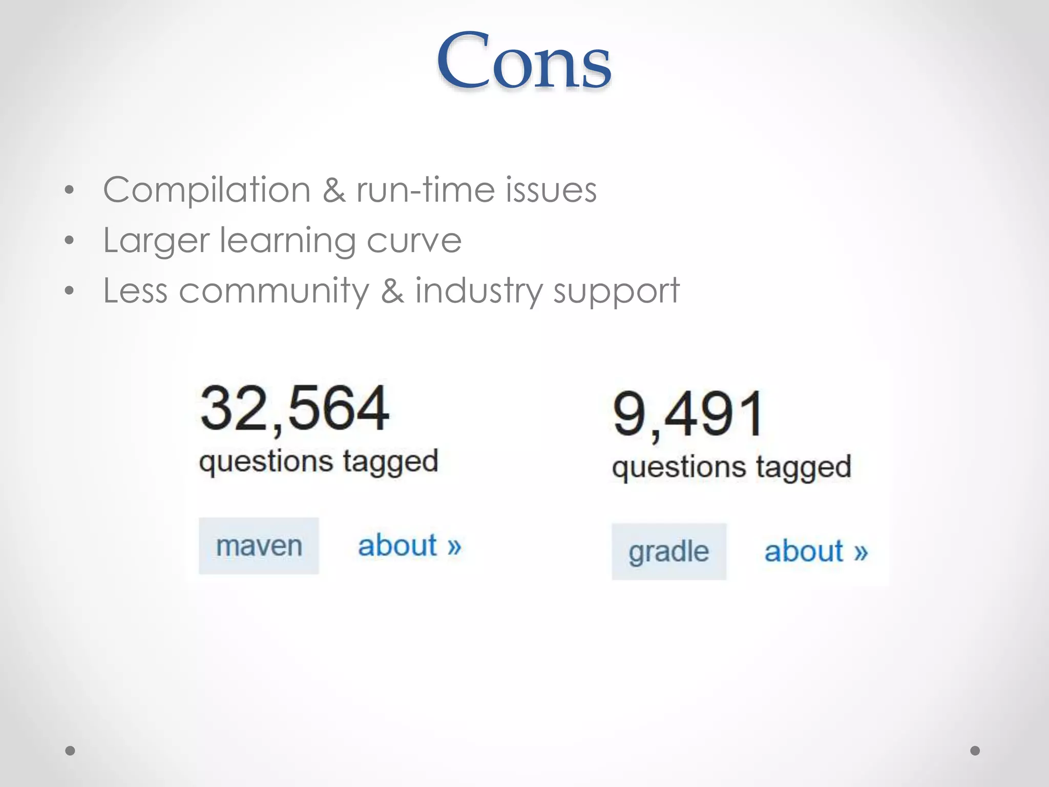 Cons
• Compilation & run-time issues
• Larger learning curve
• Less community & industry support
 