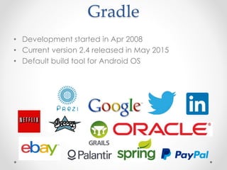 Gradle
• Development started in Apr 2008
• Current version 2.4 released in May 2015
• Default build tool for Android OS
 